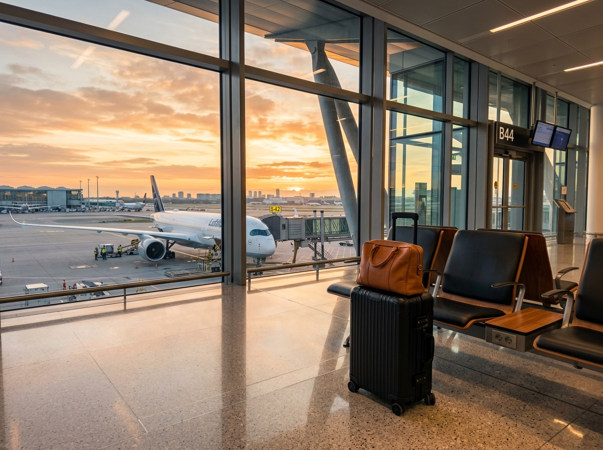 Modern international airport terminal with passenger airliner at gate and travel luggage — Cheroor Travels